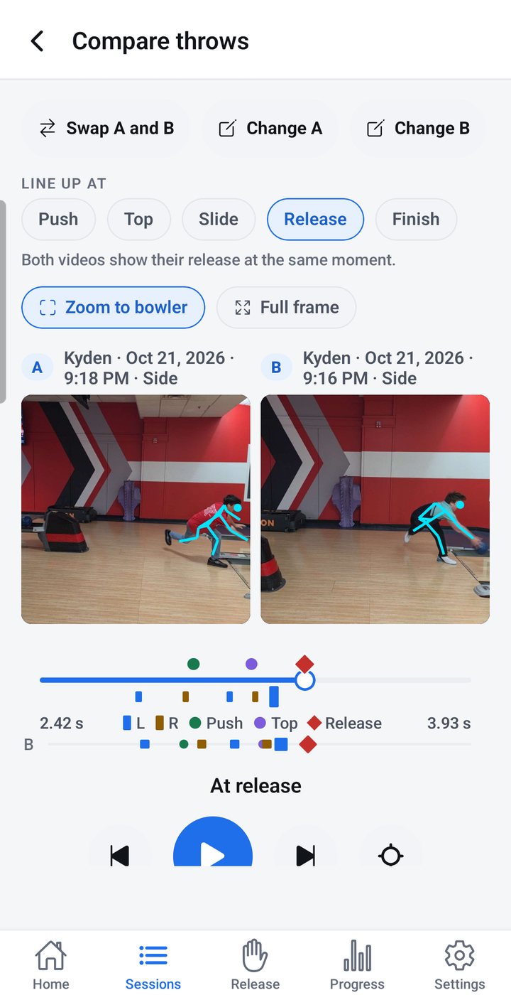 PinForm Compare: two throws side by side lined up at release